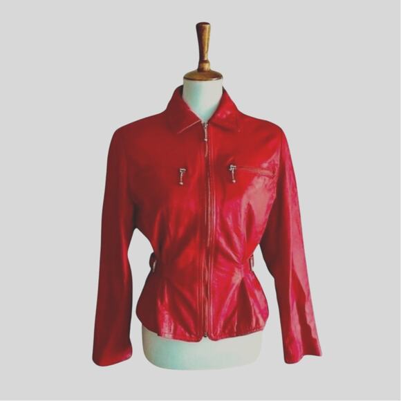 Vintage Cherry Red Leather Moto Jacket - Colebrook & Co - Size Small (Early 90s) - Picture 10 of 11